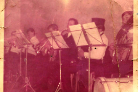 99LB 1967 Leithatal Buam 28.2.1967 Maskenball Zurndorf 1. Auftritt v.r. J. Fischer jun. E. Metzl, J. Fischer sen. E. Dürr, J. Sochr, F. Wagner 99LB